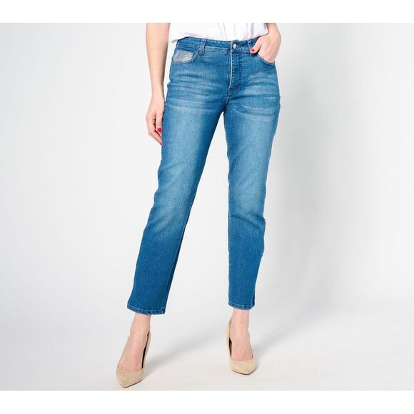 Women with Control Women's Petite Pants 4P My Wonder Denim Rhinest Blue A631464 - Picture 1 of 4
